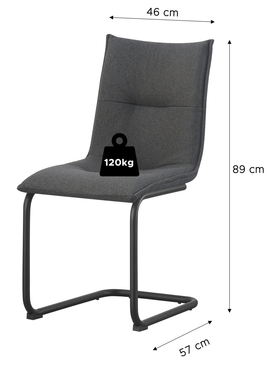 Gepolsterter Freischwinger-Stuhl in Dunkelgrau mit schwarzem Metallgestell, Maße ca. 46 cm Breite, 89 cm Höhe und 57 cm Tiefe, belastbar bis 120 kg, Ansicht schräg von vorne.
