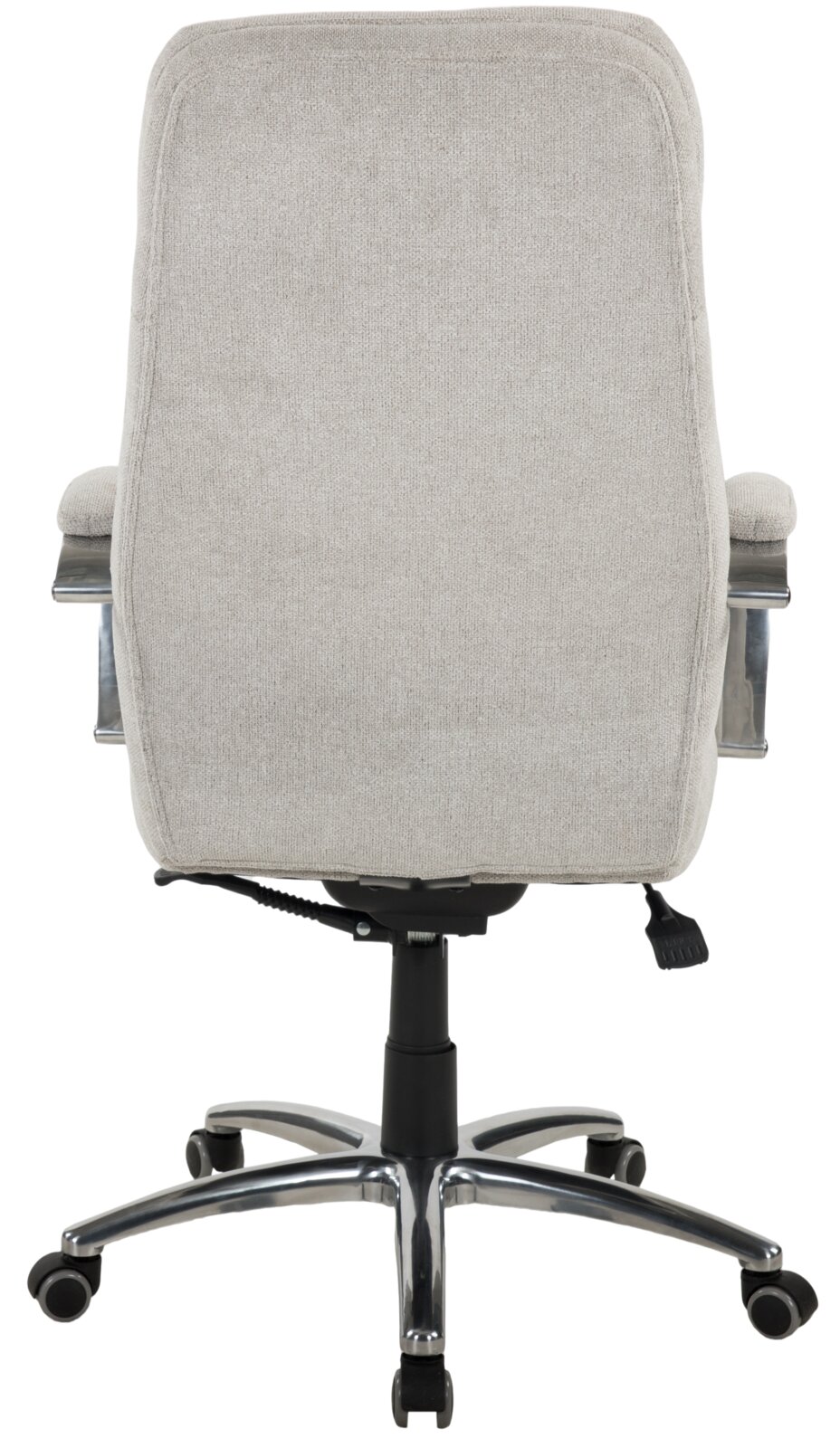 Achterkant van een grijze directiestoel met een verchroomd onderstel en wieltjes.