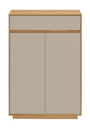 Moderner Schuhschrank aus Holz mit zwei Türen und einer Schublade, Frontalansicht