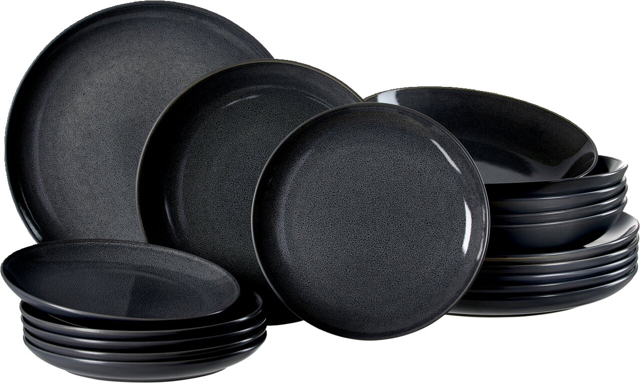 Schwarzes Tellerset Toledo 18-tlg. aus Keramik, seitliche Perspektive