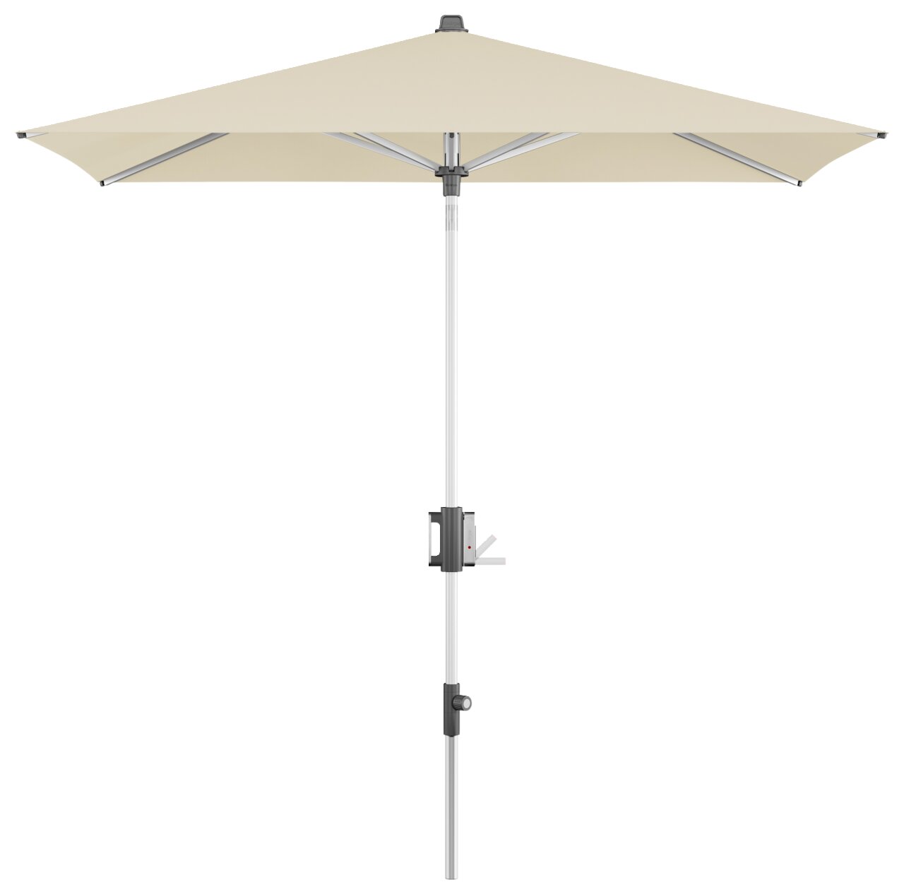 Beiger Kurbelschirm in Frontalansicht mit sechsteiligem Gestell und Kurbelmechanismus.