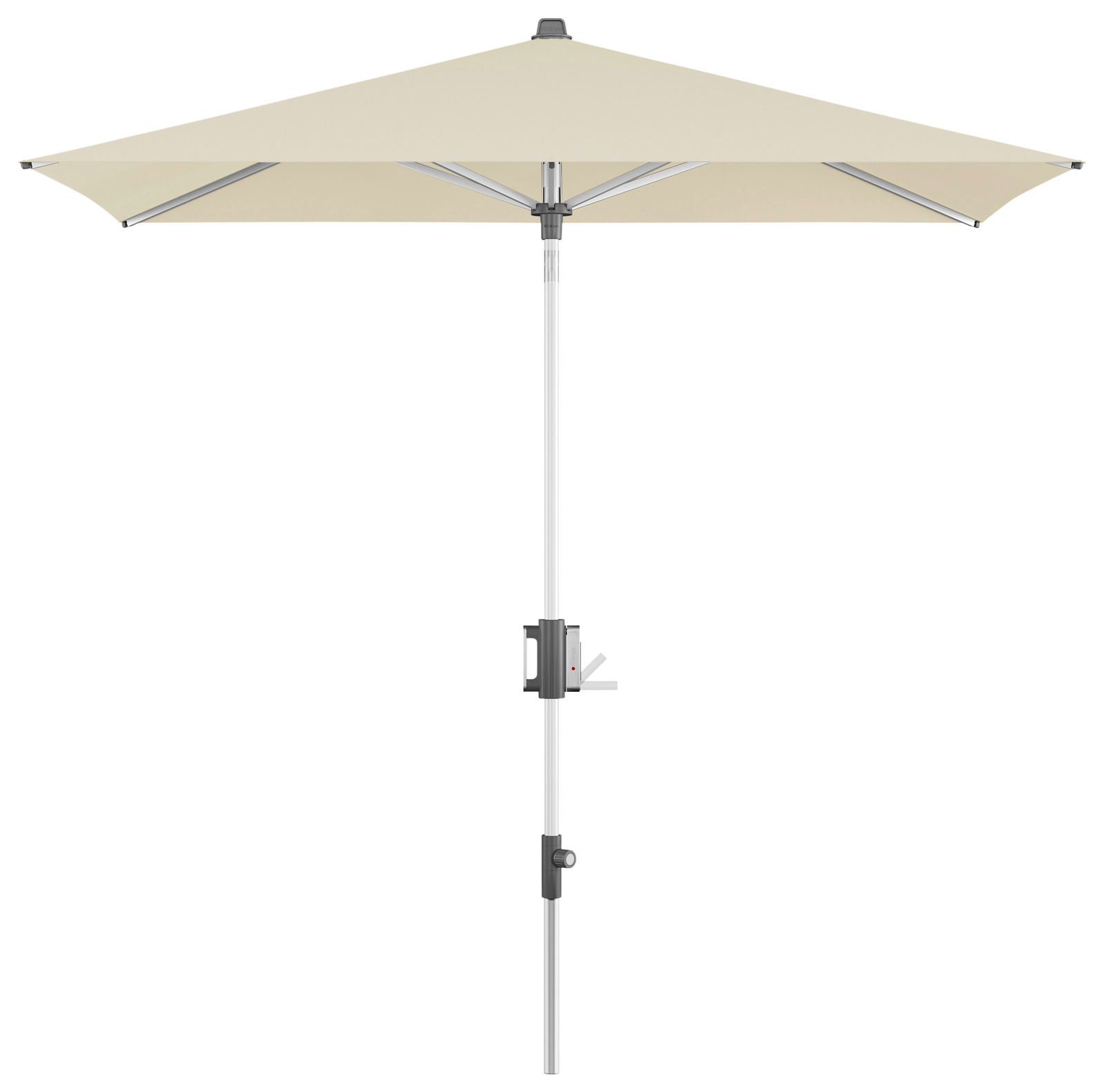 Beiger Kurbelschirm in Frontalansicht mit sechsteiligem Gestell und Kurbelmechanismus.