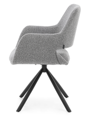 Grauer Armlehnstuhl mit schwarzem Metallgestell, Seitenansicht