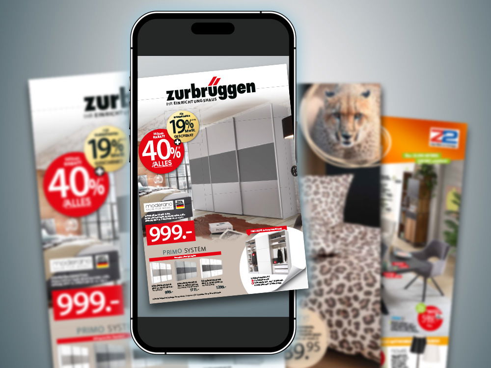 Drei Zurbrüggen-Kataloge mit Möbel- und Wohnaccessoires-Angeboten liegen überlappend aufeinander.
