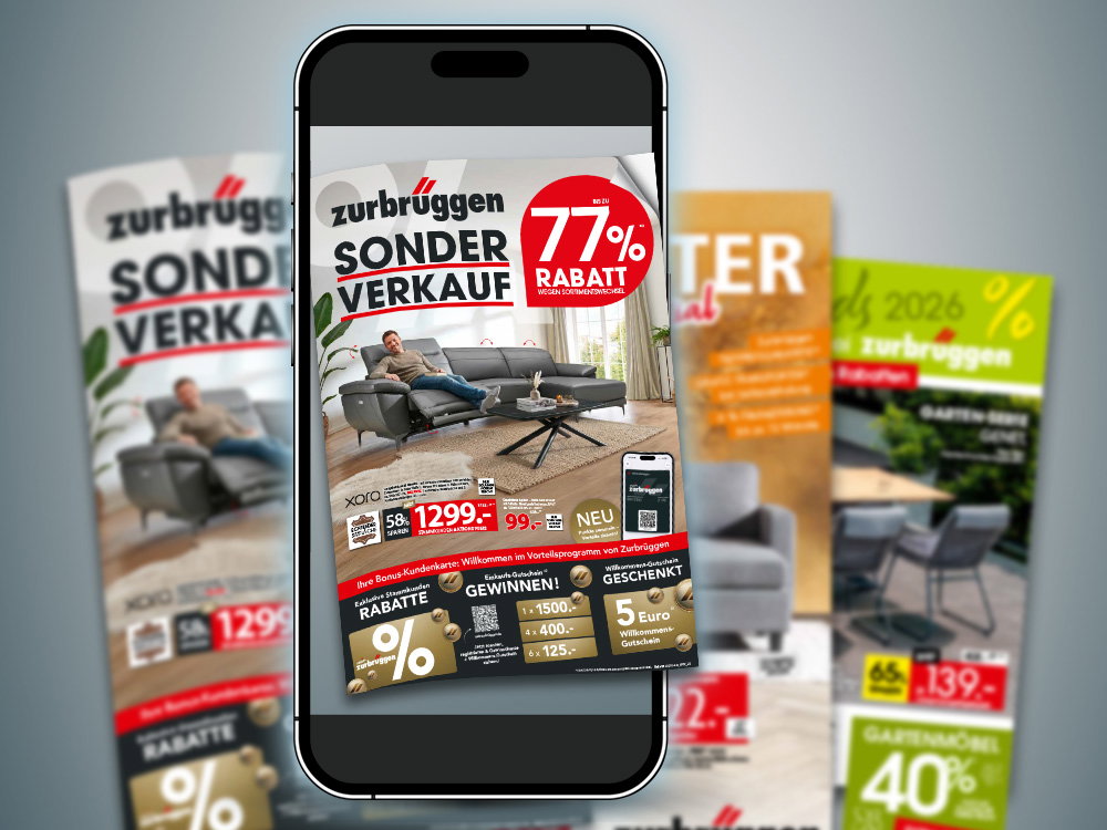 Drie catalogi van Zurbrüggen met aanbiedingen voor meubels en woonaccessoires liggen over elkaar heen.