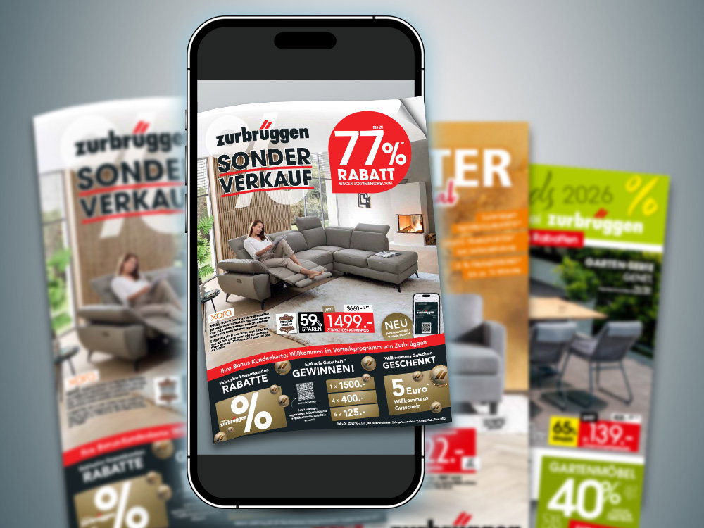 Drei Zurbrüggen-Kataloge mit Möbel- und Wohnaccessoires-Angeboten liegen überlappend aufeinander.