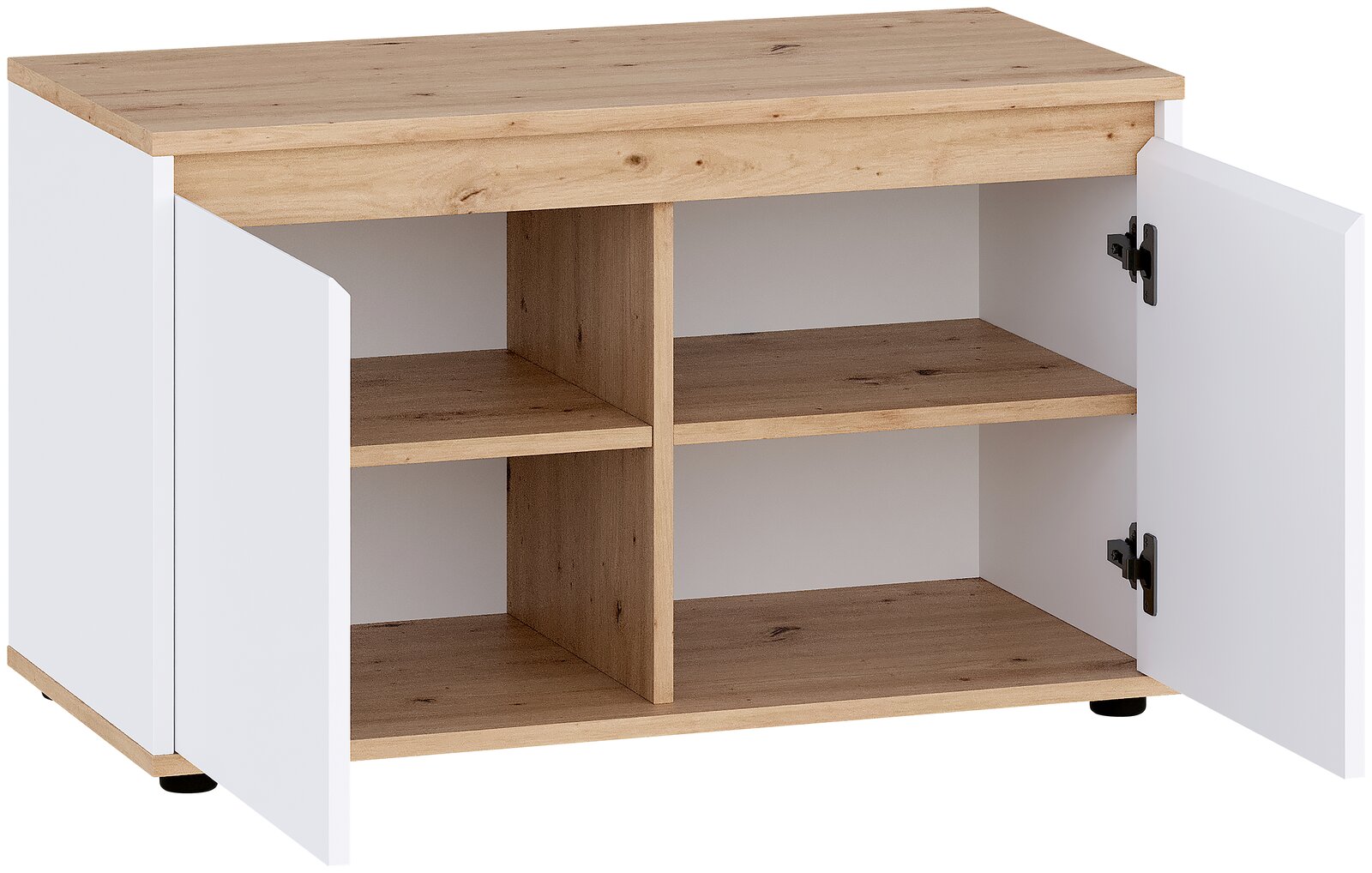 Weißes Sideboard mit Holzoptik-Deckplatte, zwei geöffneten Türen und vier Fächern, freigestellt, Frontansicht mit leichter Draufsicht