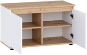 Weißes Sideboard mit Holzoptik-Deckplatte, zwei geöffneten Türen und vier Fächern, freigestellt, Frontansicht mit leichter Draufsicht