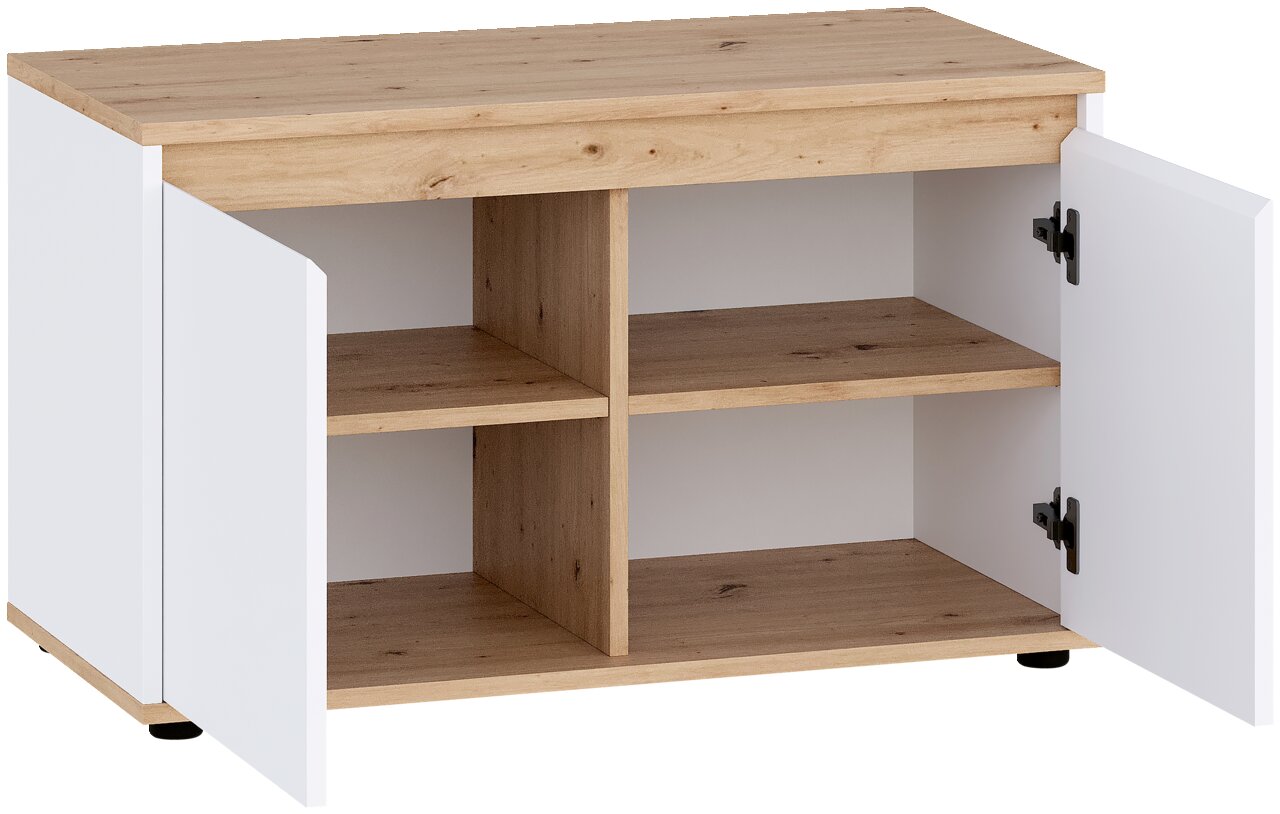 Weißes Sideboard mit Holzoptik-Deckplatte, zwei geöffneten Türen und vier Fächern, freigestellt, Frontansicht mit leichter Draufsicht