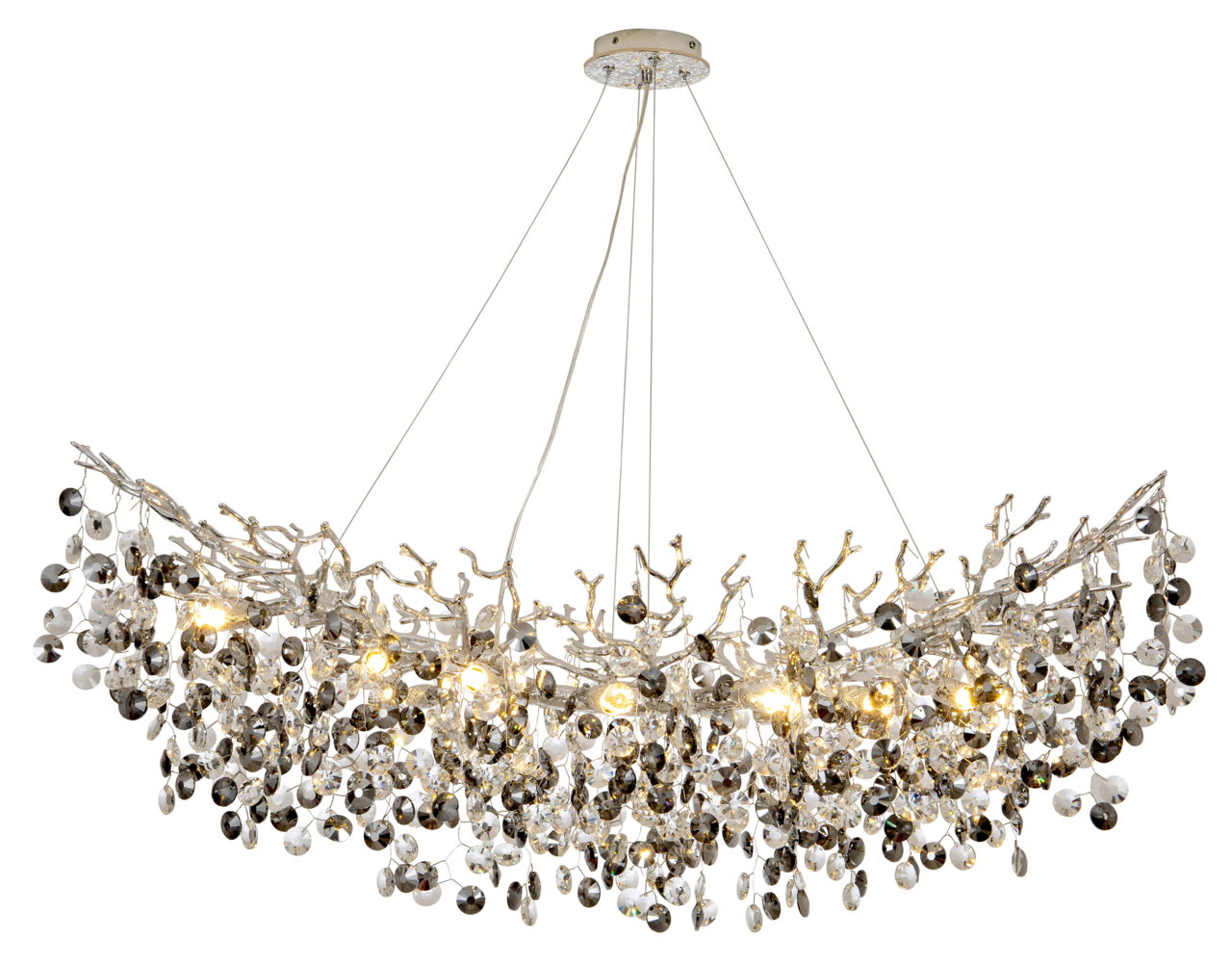 Elegante Deckenleuchte mit Kristallanhängern, seitliche Perspektive
