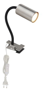 Klemmstrahler aus Metall in Nickeloptik mit flexiblem Hals und Klemme, seitliche Perspektive