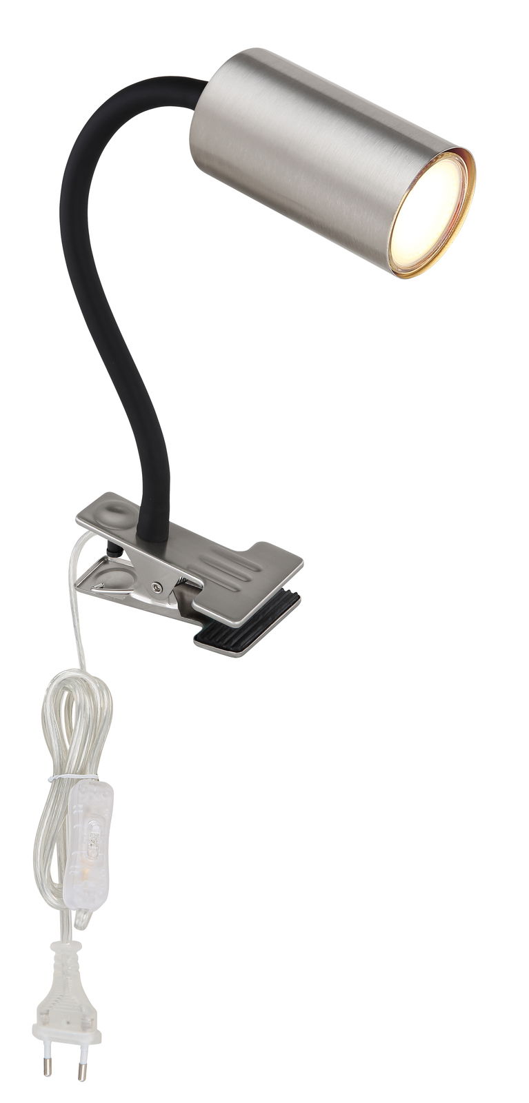 Globo Lighting Klemmstrahler ROBBY Klemmstrahler aus Metall in Nickeloptik mit flexiblem Hals und Klemme, seitliche Perspektive