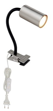 Klemmstrahler aus Metall in Nickeloptik mit flexiblem Hals und Klemme, seitliche Perspektive