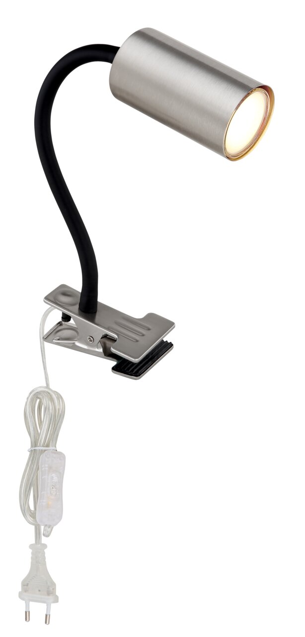 Klemmstrahler aus Metall in Nickeloptik mit flexiblem Hals und Klemme, seitliche Perspektive