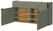 Moderner Waschtischunterschrank in Salbeigrün und Holzoptik, aus schräger Frontansicht mit geöffneten Türen, Auszug und sichtbaren Ablagefächern