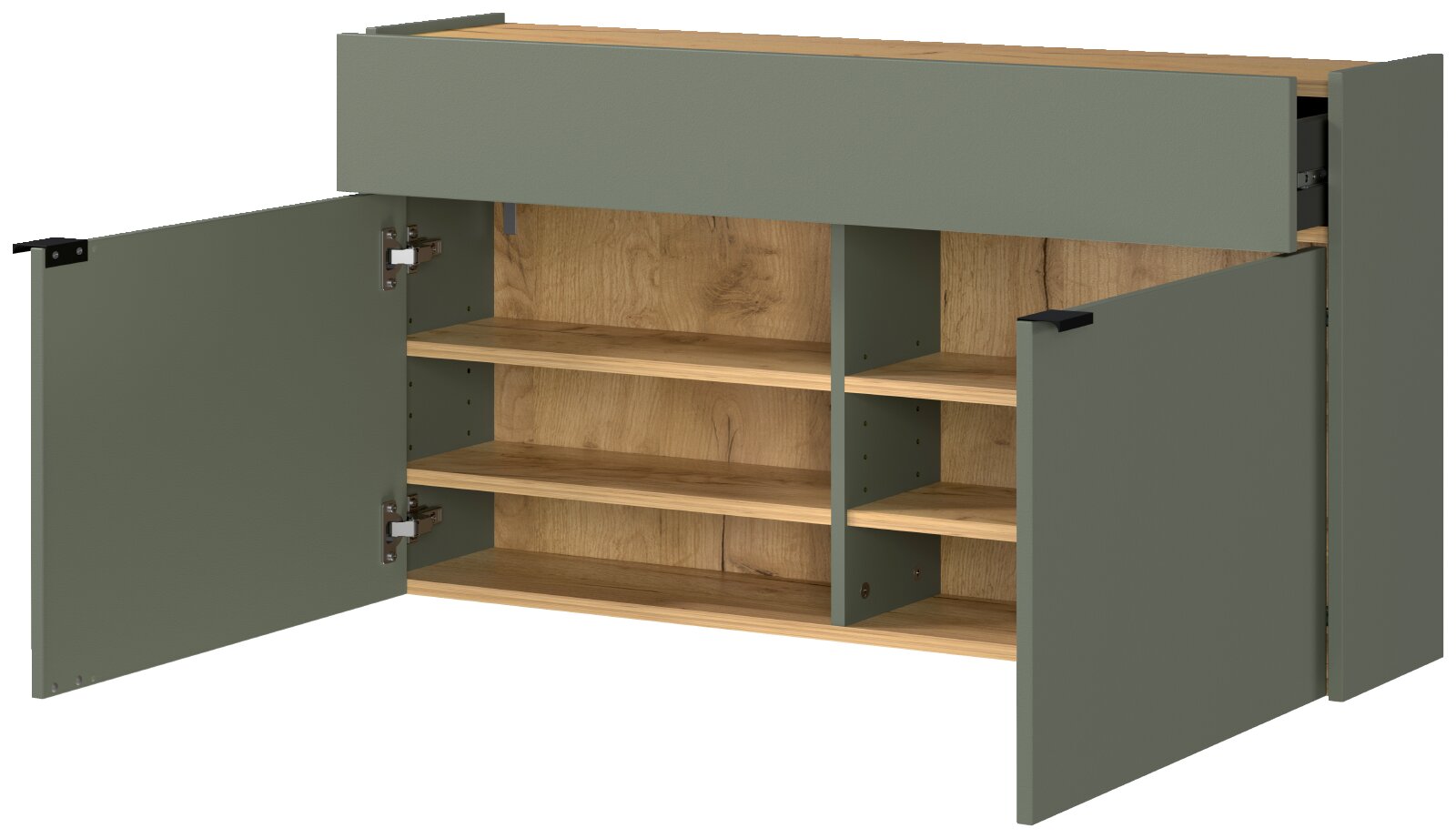 Moderner Waschtischunterschrank in Salbeigrün und Holzoptik, aus schräger Frontansicht mit geöffneten Türen, Auszug und sichtbaren Ablagefächern