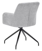 Rückansicht eines grauen Armlehnstuhls mit schwarzem Metallgestell