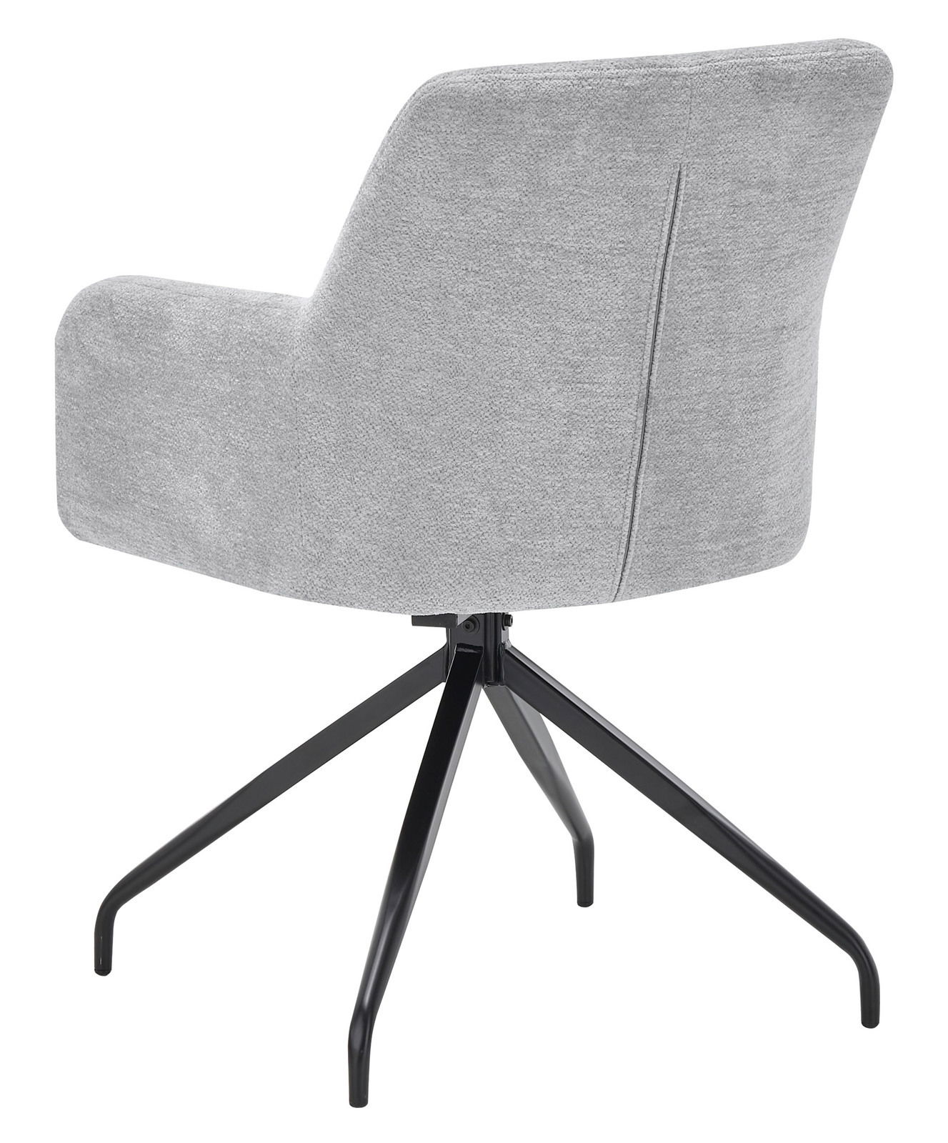 Rückansicht eines grauen Armlehnstuhls mit schwarzem Metallgestell