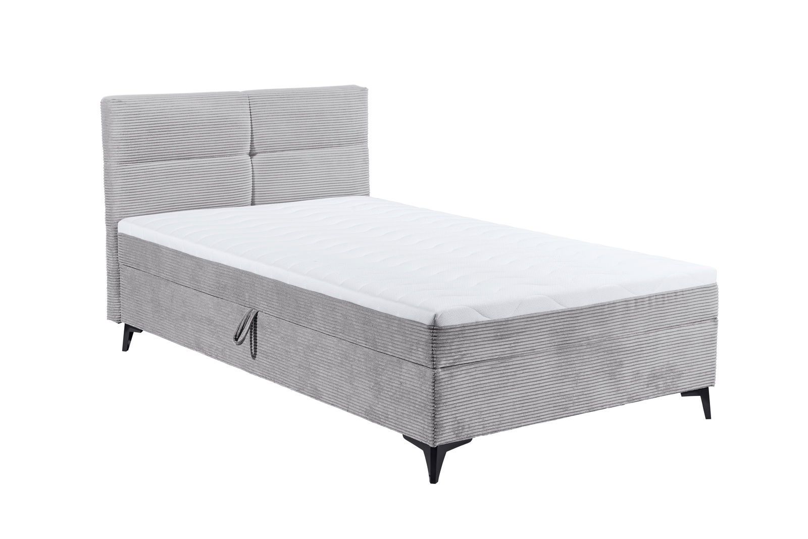 Graues Boxbett mit gestepptem Kopfteil und weißer Matratze, seitliche Perspektive