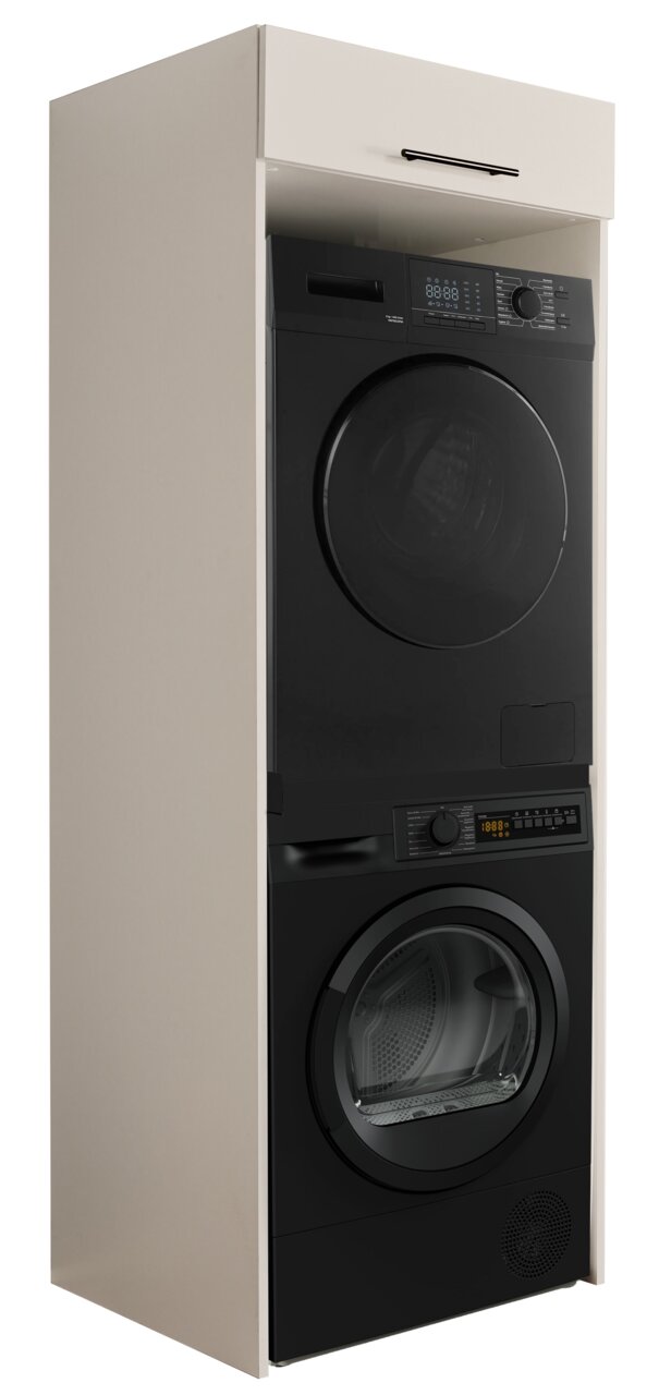 Beige wasmachinekast met zwarte wasmachine en droger in stapelopstelling, schuin van linksvoor gefotografeerd.