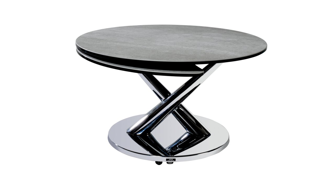 Moderner runder Couchtisch mit grauer Tischplatte und verchromtem X-förmigem Gestell, seitliche Perspektive