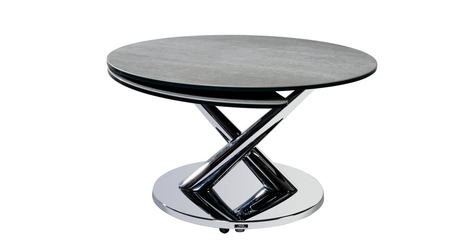 Moderner runder Couchtisch mit grauer Tischplatte und verchromtem X-förmigem Gestell, seitliche Perspektive