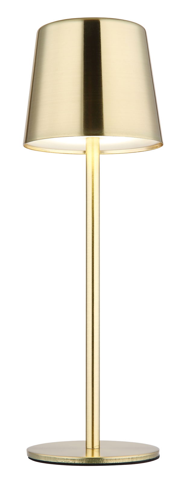 Goldene Tischleuchte mit modernem Design, frontal abgebildet.