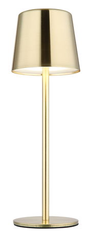 Goldene Tischleuchte mit modernem Design, frontal abgebildet.