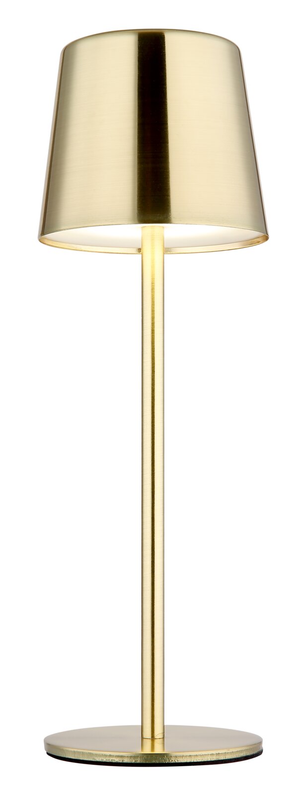 Goldene Tischleuchte mit modernem Design, frontal abgebildet.