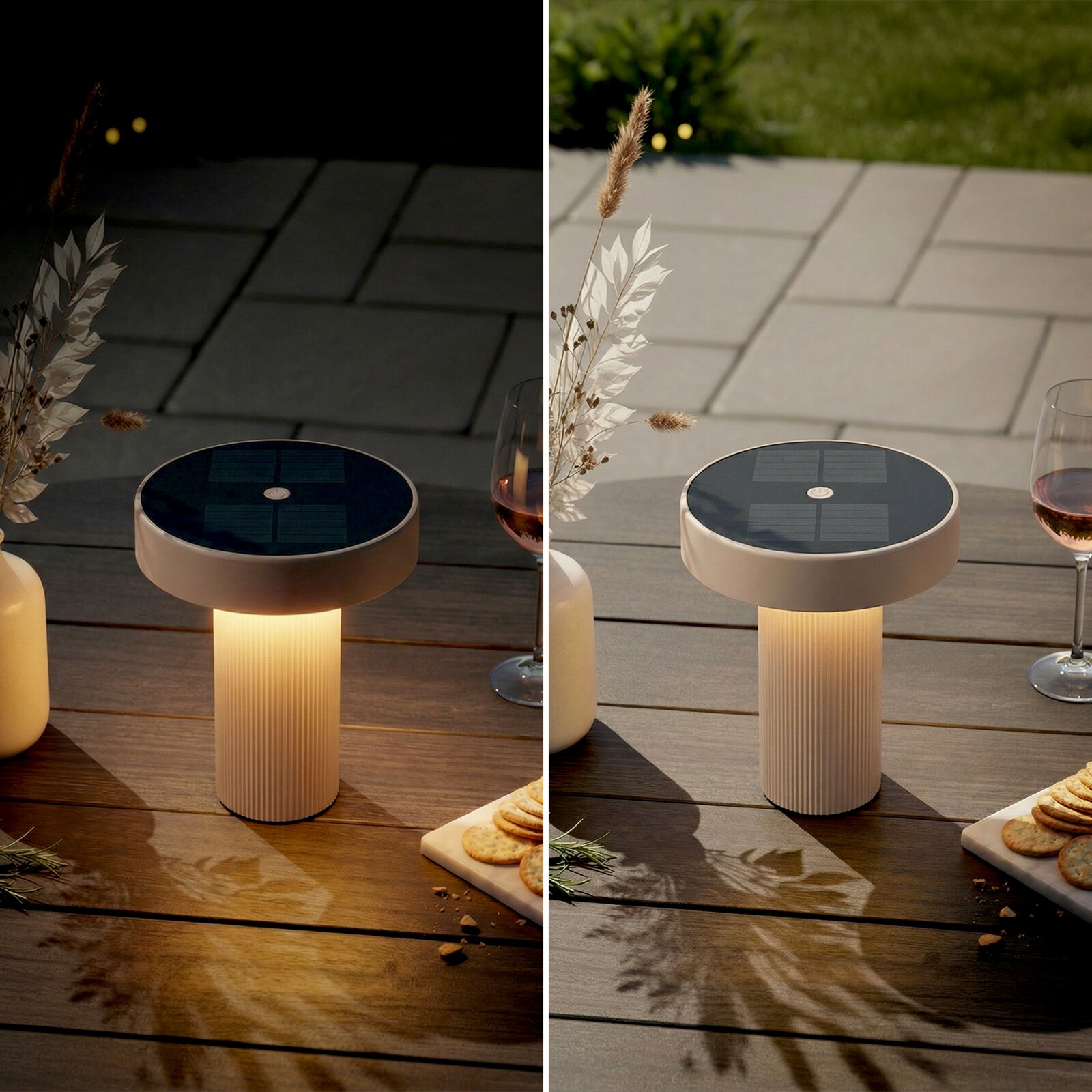 Solarbetriebene LED-Tischleuchte für den Außenbereich mit rundem Solarpanel oben und geriffeltem Standfuß auf Holztisch, gezeigt in Seitenansicht leicht von oben (Tag- und Nachtstimmung).