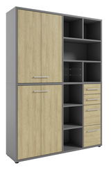 Aktenschrank hoch mit Holzoptik und grauen Elementen, Vorderansicht