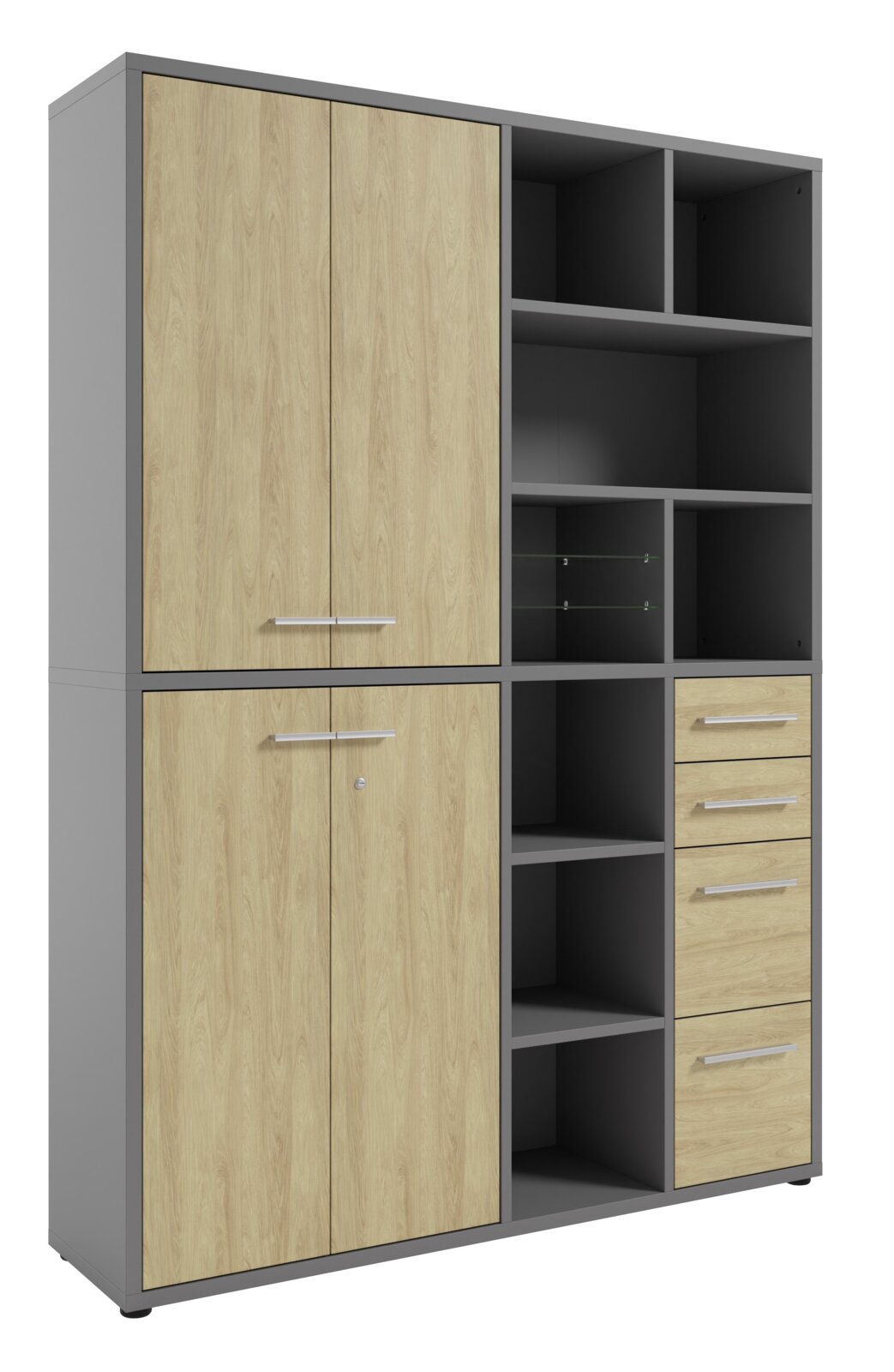 Hoge archiefkast met houtlook en grijze elementen, vooraanzicht
