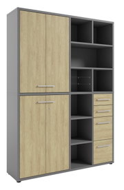 Hoge archiefkast met houtlook en grijze elementen, vooraanzicht