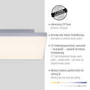 Rahmenloses LED-Panel in Weiß, leuchtend, in schräger Frontansicht; mit Hinweis auf 5 Jahre Garantie sowie dimmbar per Infrarot-Fernbedienung, CCT-Farbtemperaturwechsel (warmweiß–neutralweiß–kaltweiß) und Memory-Funktion.