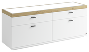 TV-Lowboard in Weiß mit Holzoberfläche und vier Schubladen, seitliche Perspektive