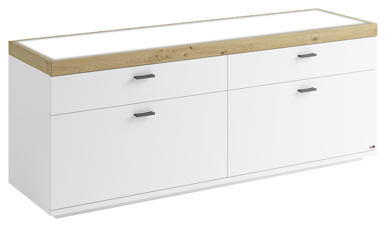 Set one by Musterring TV-Lowboard SET ONE LANCASTER TV-Lowboard in Weiß mit Holzoberfläche und vier Schubladen, seitliche Perspektive
