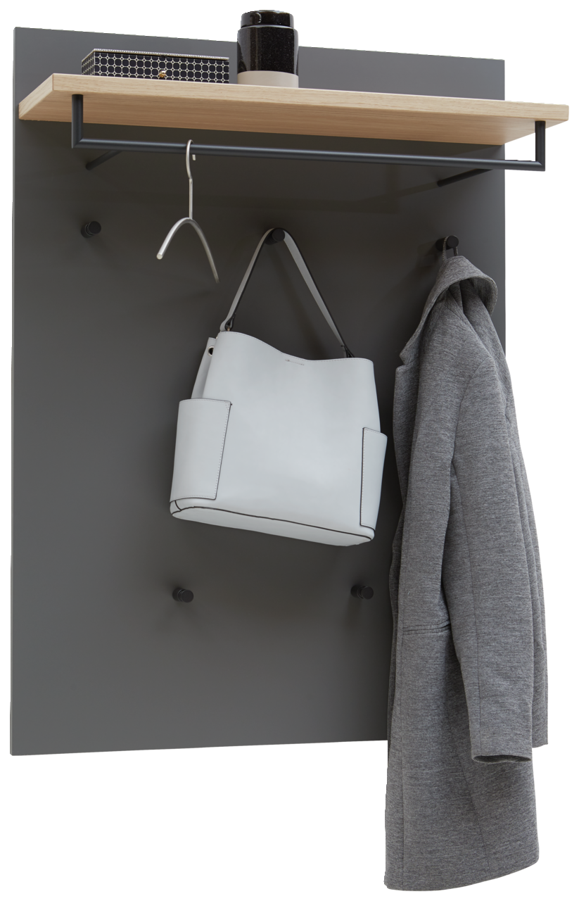 Dieter Knoll Garderobenpaneel SORRENT Garderobenpaneel mit grauer Rückwand, Holzablage, Kleiderstange und Haken, frontal fotografiert. Auf der Ablage stehen Dekorationsgegenstände, darunter hängt ein Kleiderbügel, eine Tasche und ein Mantel.