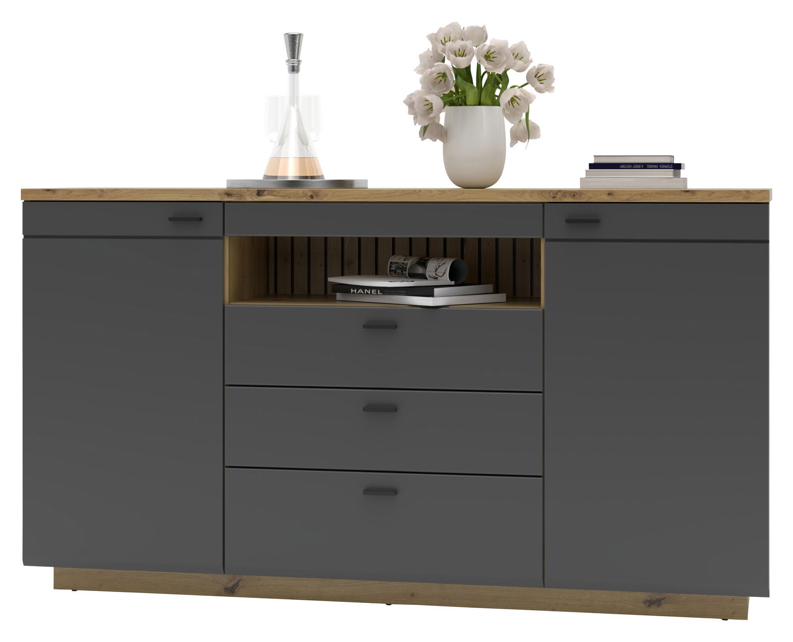 Modernes Sideboard in dunklem Grau mit Holzoberfläche, frontal abgebildet. Dekoriert mit einer Vase voller Blumen, einer Karaffe und Büchern.