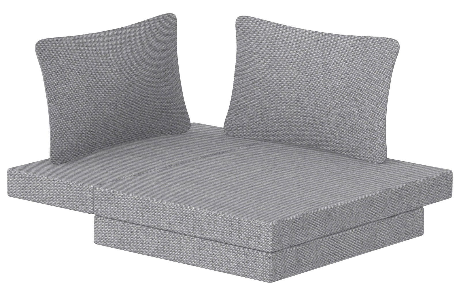 Graue Schaummatratze mit zwei aufrechten Kissen, seitliche Perspektive