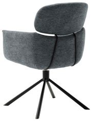 Rückansicht eines modernen grauen Sessels mit schwarzem Metallgestell und vier Beinen.