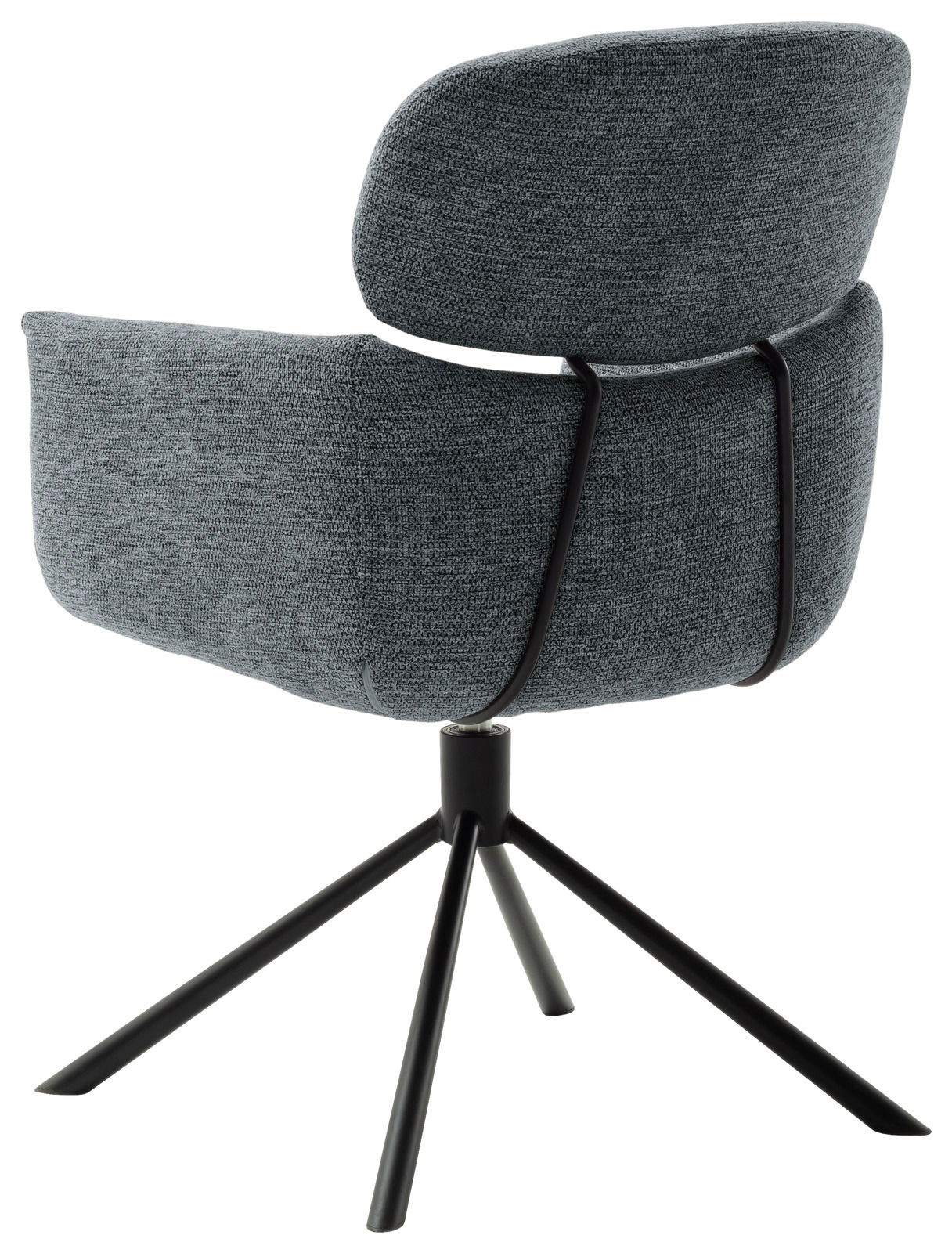 Rückansicht eines modernen grauen Sessels mit schwarzem Metallgestell und vier Beinen.