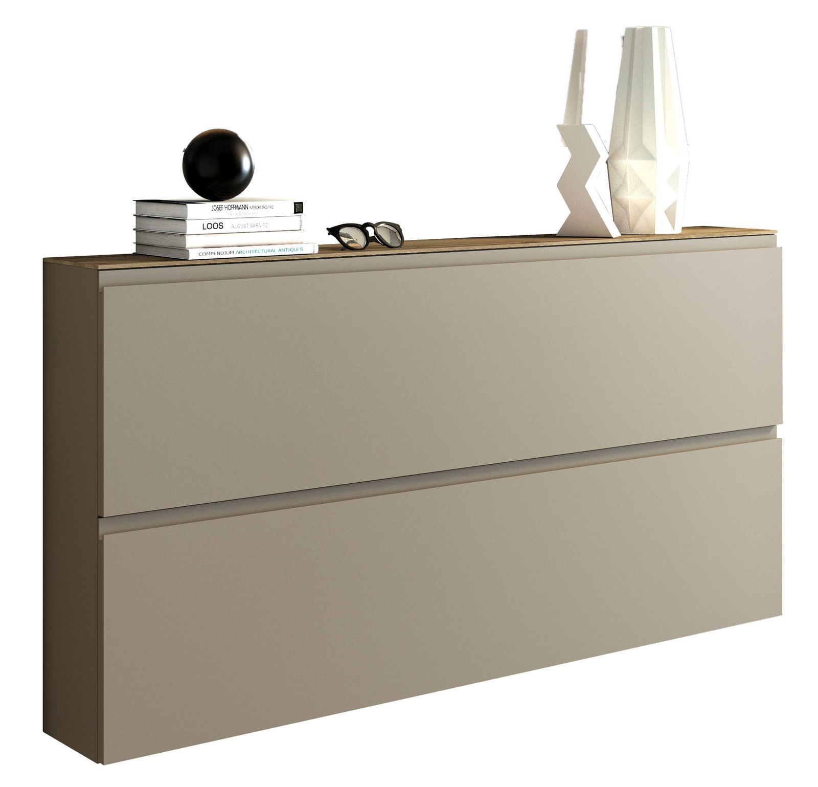 Moderner XL-Hängeschuhschrank in Beige mit zwei Klappen, dekoriert mit Büchern, einer schwarzen Kugel und weißen Vasen, seitliche Perspektive.