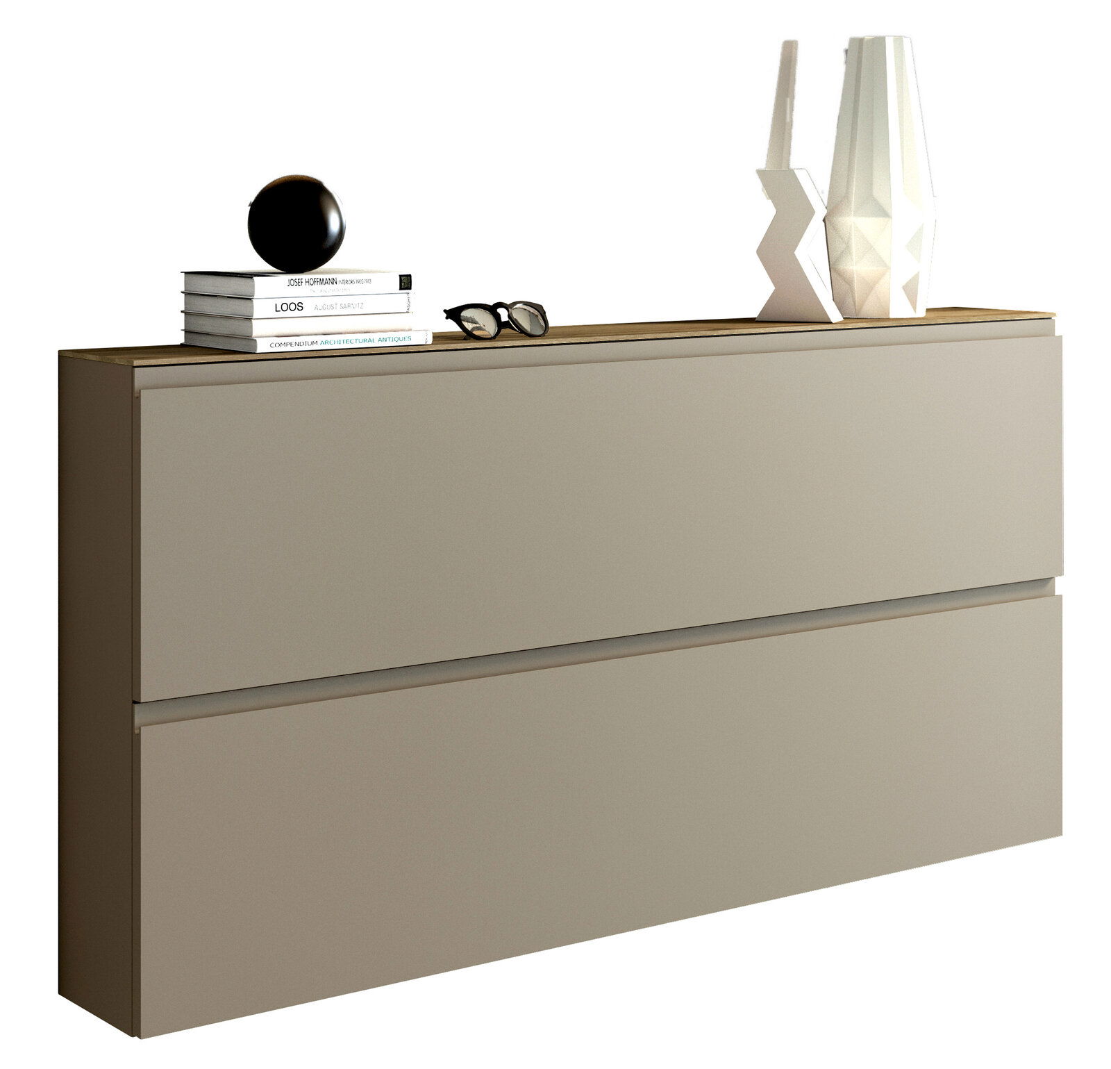 Moderner XL-Hängeschuhschrank in Beige mit zwei Klappen, dekoriert mit Büchern, einer schwarzen Kugel und weißen Vasen, seitliche Perspektive.