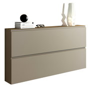 Moderner XL-Hängeschuhschrank in Beige mit zwei Klappen, dekoriert mit Büchern, einer schwarzen Kugel und weißen Vasen, seitliche Perspektive.