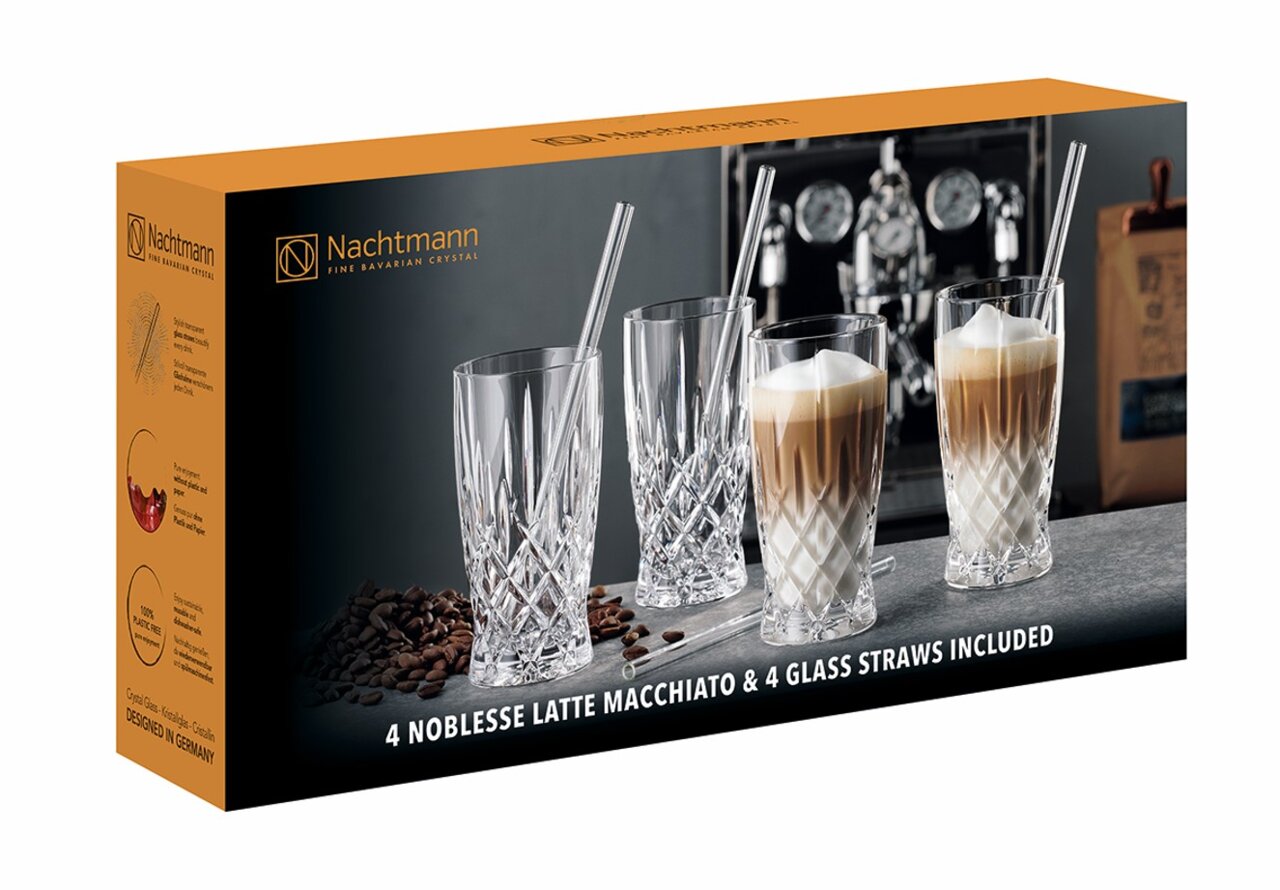 Verpackung des Latte-Macchiato-Sets mit vier edlen Kristallgläsern und Glastrinkhalmen, seitliche Perspektive.