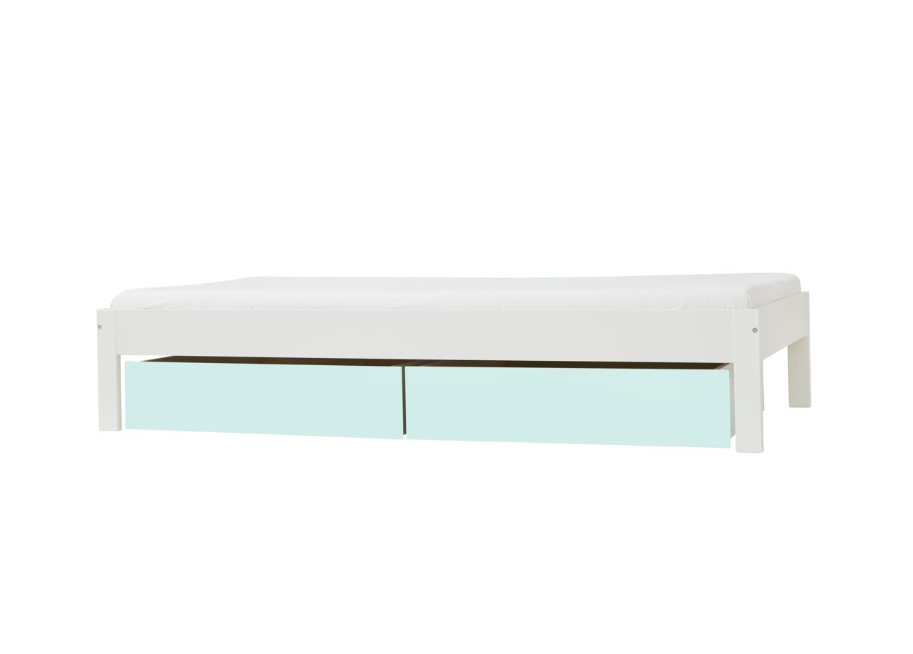 Stylife Schubladen-Set WOOBIE Weißes Bett mit zwei hellblauen Schubladen, seitliche Perspektive