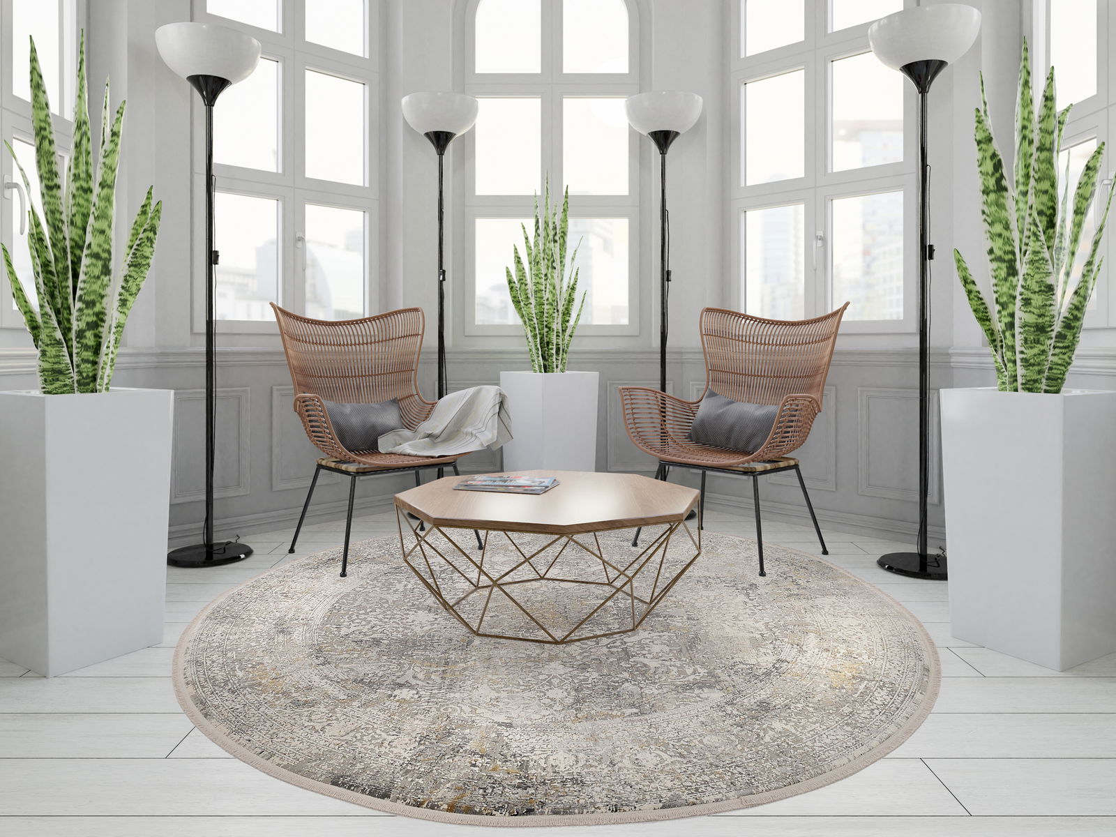 Moderner Designer-Teppich in einem stilvollen Wohnzimmer mit runden Formen, umgeben von Pflanzen und eleganten Möbeln, aus der Vogelperspektive betrachtet.
