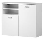 Weißer Unterschrank mit zwei Türen und einem offenen Fach, Frontalansicht