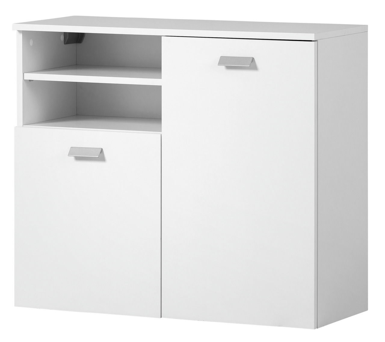 Weißer Unterschrank mit zwei Türen und einem offenen Fach, Frontalansicht