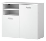 Weißer Unterschrank mit zwei Türen und einem offenen Fach, Frontalansicht